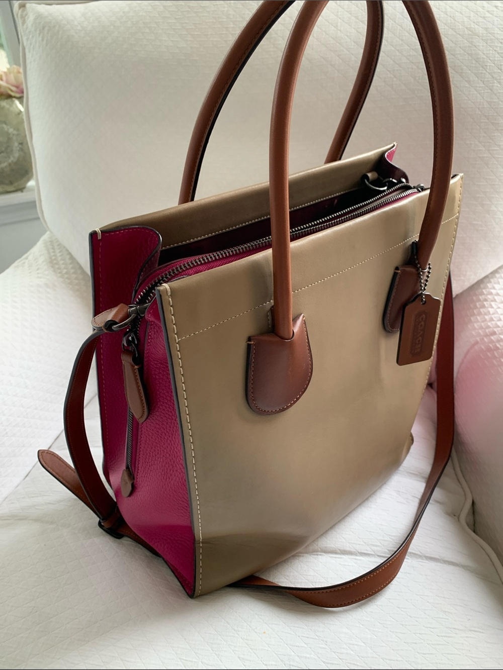 Coach Taupe & Fuchsia Leather Colorblock Tote with Brown Handles